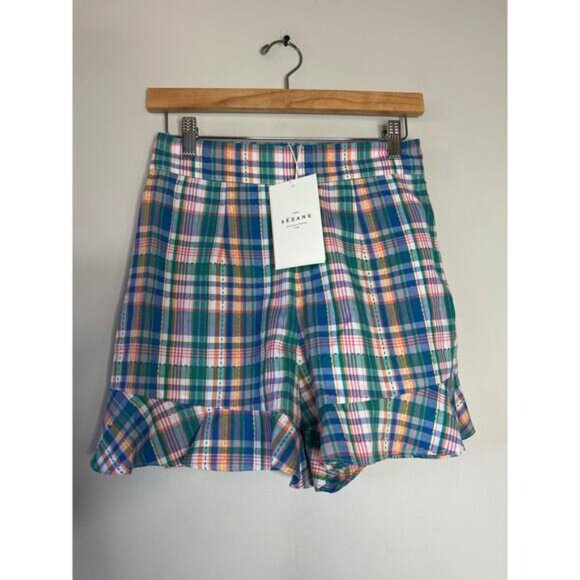 NWT Sezane High Rise Embroidered Cotton Frilled Hem Dorian Shorts Blue Size: 4 - Picture 2 of 8
